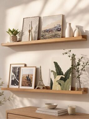 Natural Oak Floating Picture Ledge Wall Shelves Set of 2, 40" W